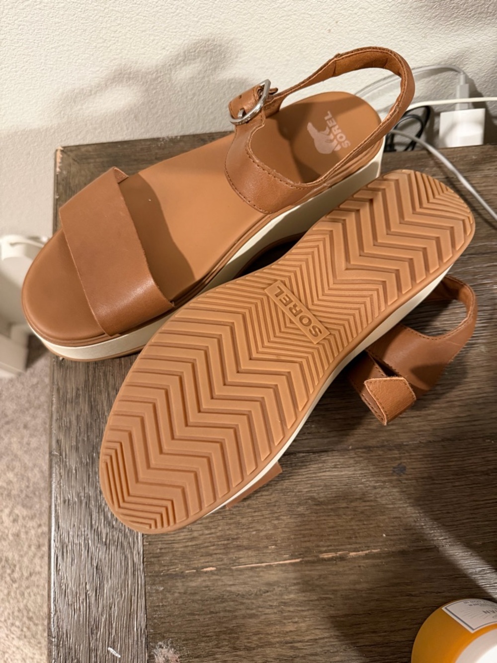 Sorel Tan Platform Sandals with Buckle Ankle Strap